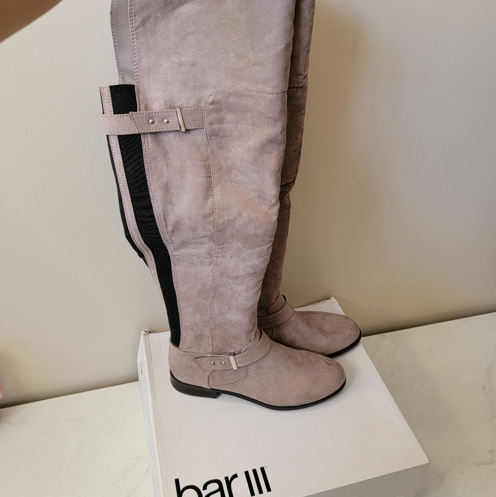 Bar III Taupe Beige Tan Knee-High Boots Black Accents Zip and Buckle New
